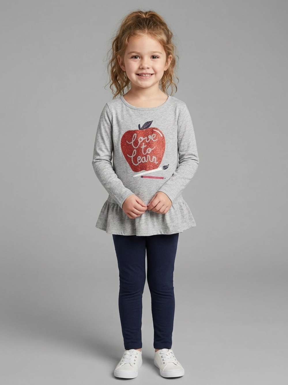 Carter's Gray Long-Sleeve Peplum Top with Red Apple Graphic